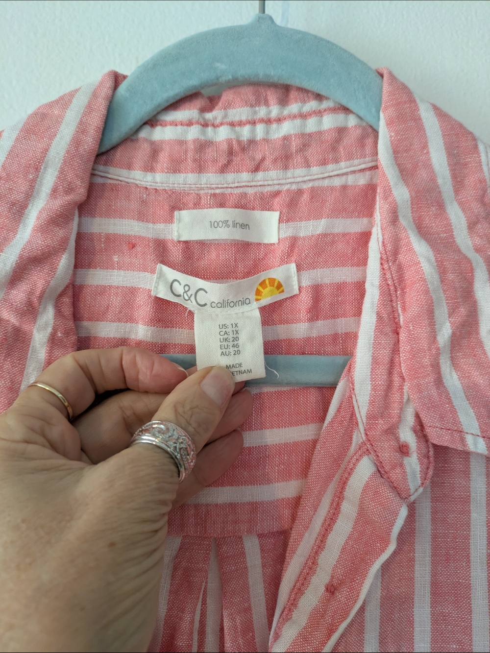 C&C California Coral & White Striped Linen Button-Up